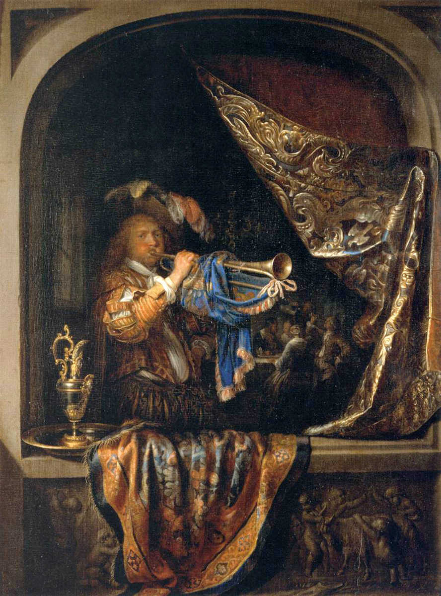 trumpet-player in front of a banquet
